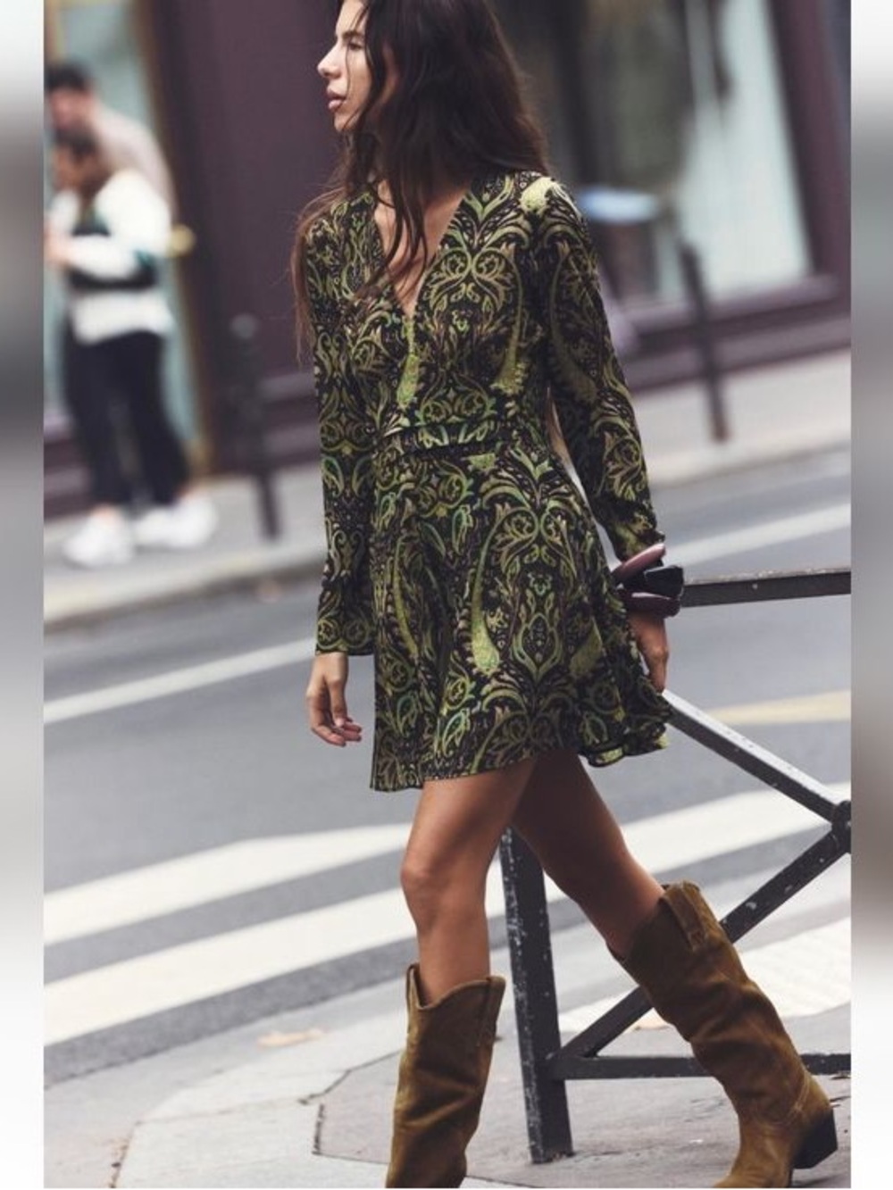 ZARA Green & Black Baroque Print Mini Dress Size Small